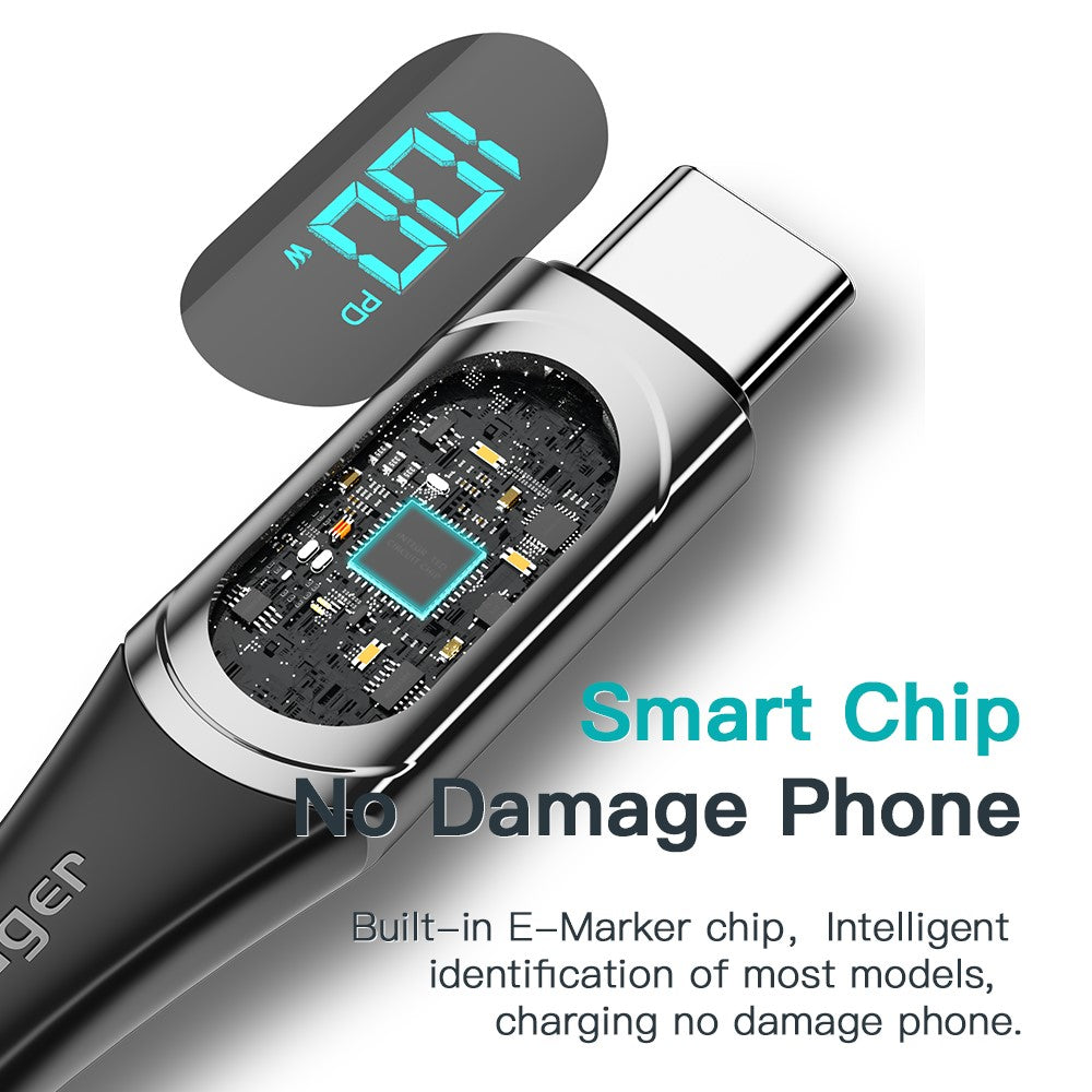 Cable ESSAGER USB-C de 2 m a USB-C de 100 W (5 A) compatible con carga rápida QC 3.0. Cable de transferencia de datos con pantalla LED para portátiles y smartphones.