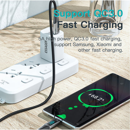 Cable ESSAGER USB-C de 2 m a USB-C de 100 W (5 A) compatible con carga rápida QC 3.0. Cable de transferencia de datos con pantalla LED para portátiles y smartphones.