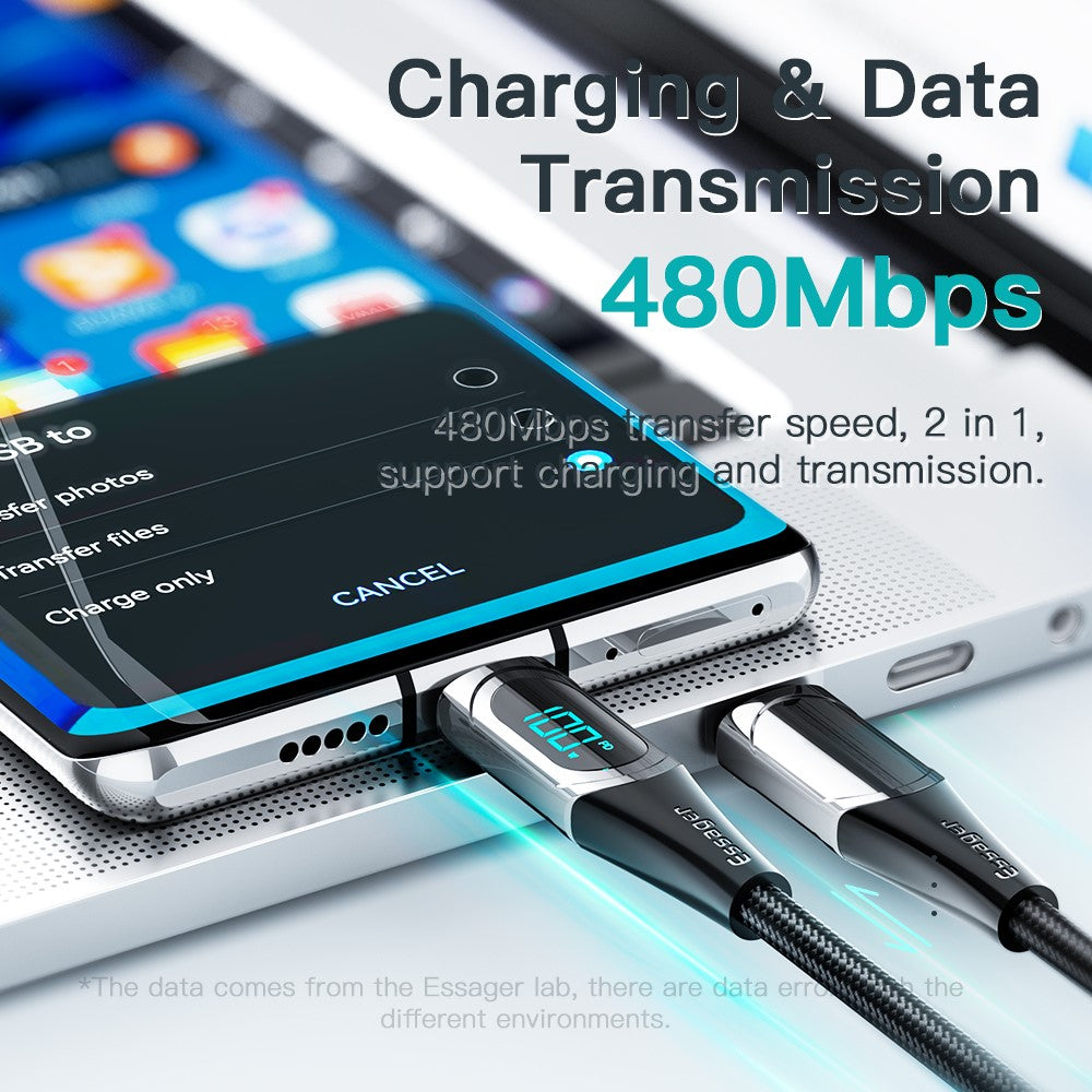 Cable ESSAGER USB-C de 2 m a USB-C de 100 W (5 A) compatible con carga rápida QC 3.0. Cable de transferencia de datos con pantalla LED para portátiles y smartphones.